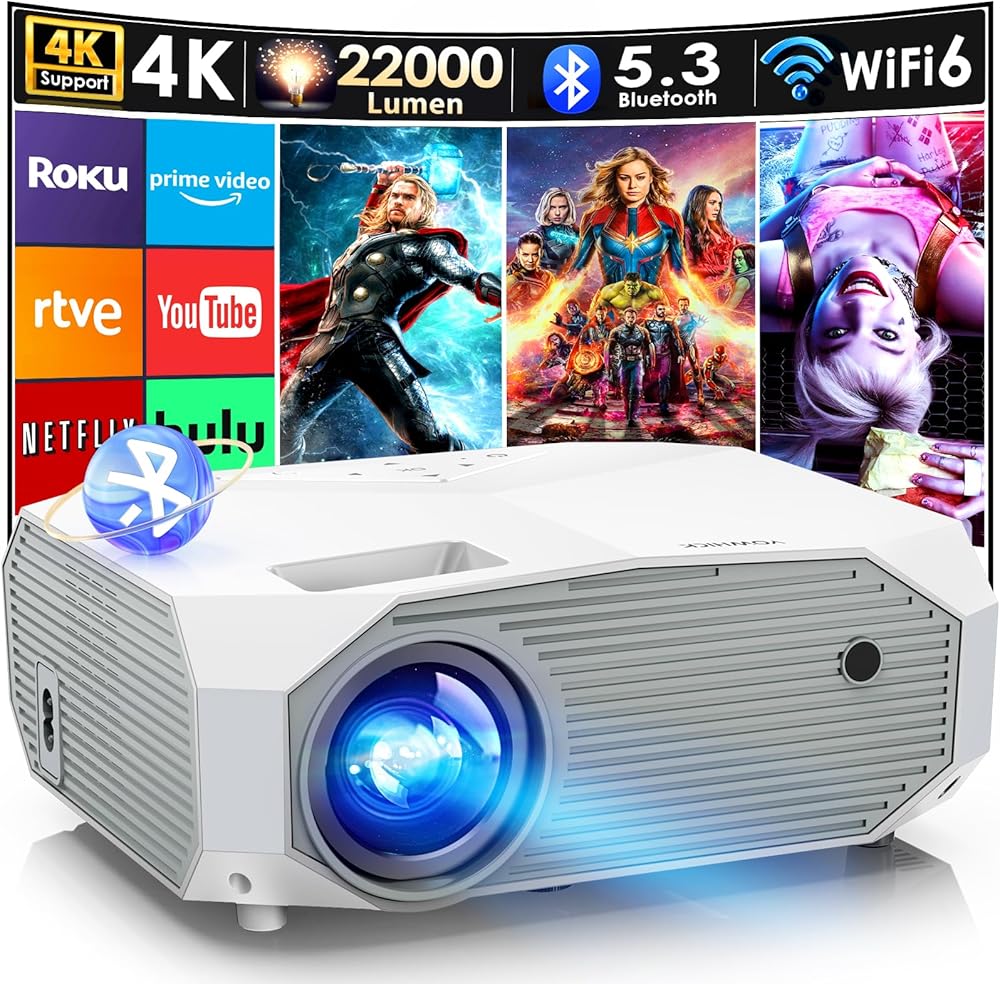 YOWHICK 4K Projector with WiFi and Bluetooth, 20000L Native 1080P Outdoor Portable Movie Projector, Smart Video Projector, 50% Zoom/400