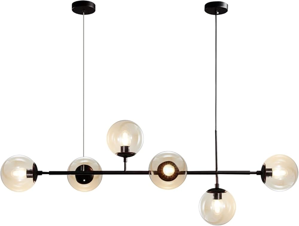 KCO Lighting 6-Light Modern Globe Sputnik Chandelier Mid Century Black Pendant Light Chandelier Dining Room Linear Pendant Lighting Kitchen Island Adjustable Pendant Light Fixtures (Black+Amber)