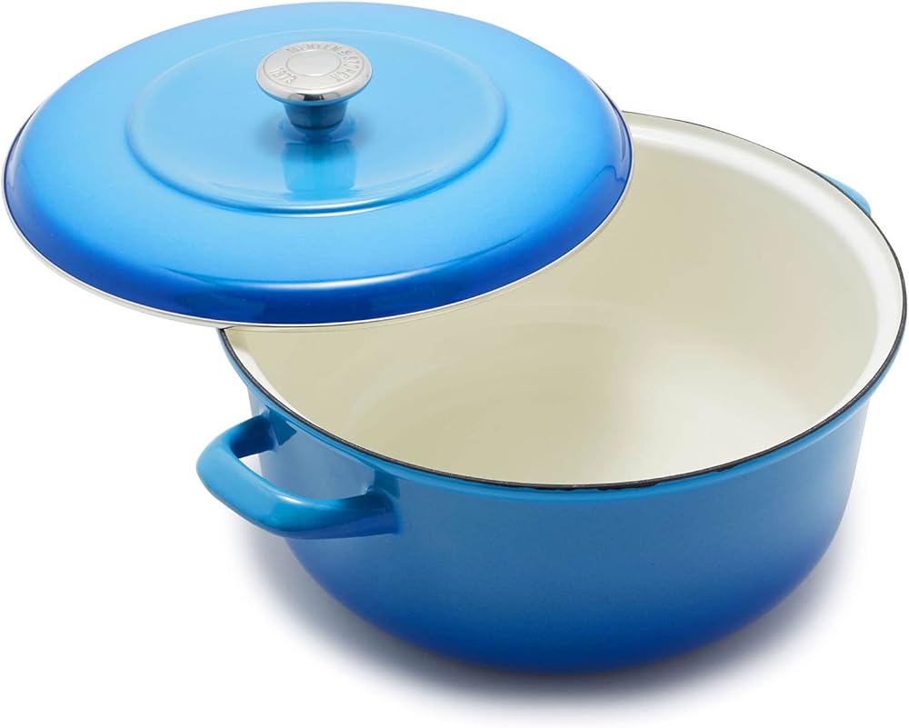 Merten & Storck European Crafted Enameled Iron, Round 7QT Dutch Oven Casserole with Lid, Caribbean Blue