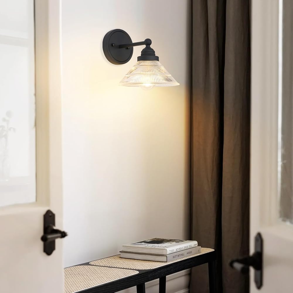 Vintage Wall Sconce with Striped Glass Shade, Indoor Wall Mounted Lamp Fixtures for Living Room Bedroom Kitchen Hallway