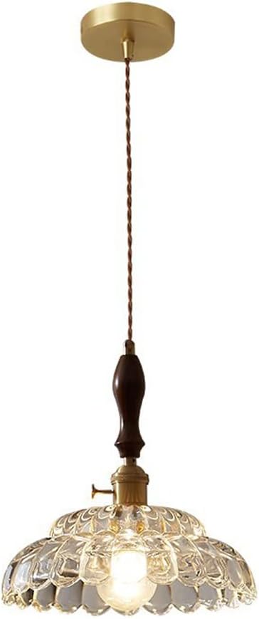 Retro Indoor Pendant Light Fixture Walnut Hanging Lamp with Clear Pattern Glass Shade, Copper Ceiling Suspended Lighting Fixtures for Kitchen Island Restaurant Dining Room
