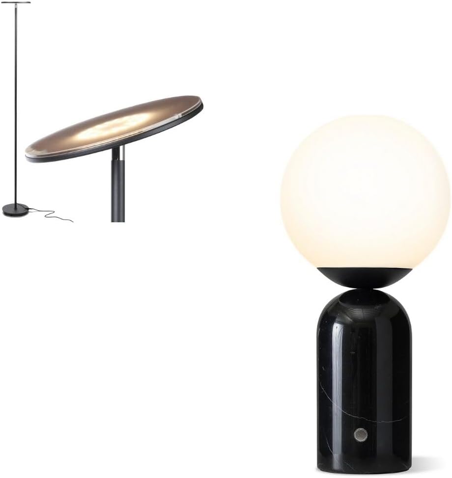 Brightech Bundle: Sky Torchiere in Black with Mila Tall Marble Table Lamp in Black