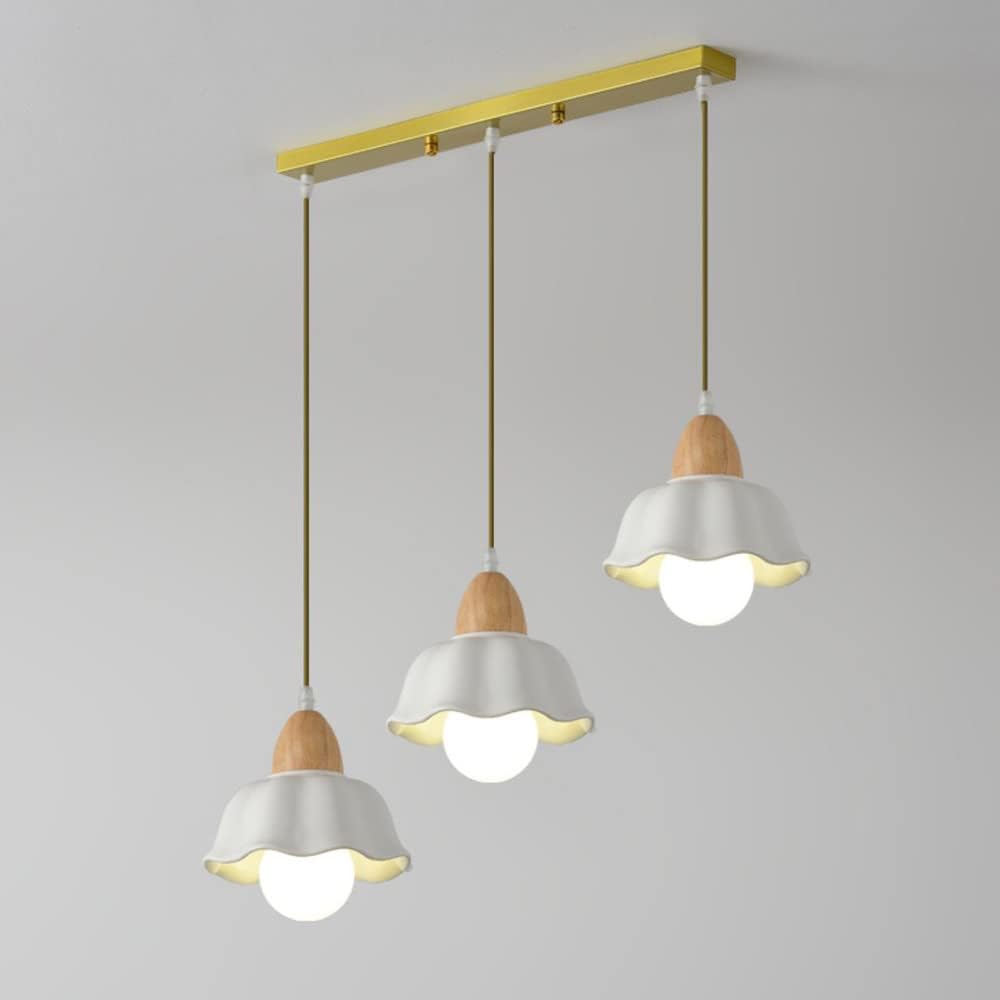 Dining Table Chandelier 3-Light Cluster Pendant Light White Ceramic Hanging Lamp Shade, Wood Kitchen Island Lighting Fixtures E27 Suspended Lamps for Cafe Base Bedroom