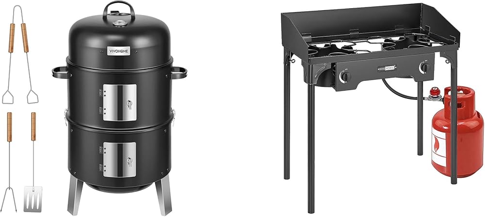 VIVOHOME 3-in-1 Steel Charcoal Smoker with VIVOHOME Double Burner Stove