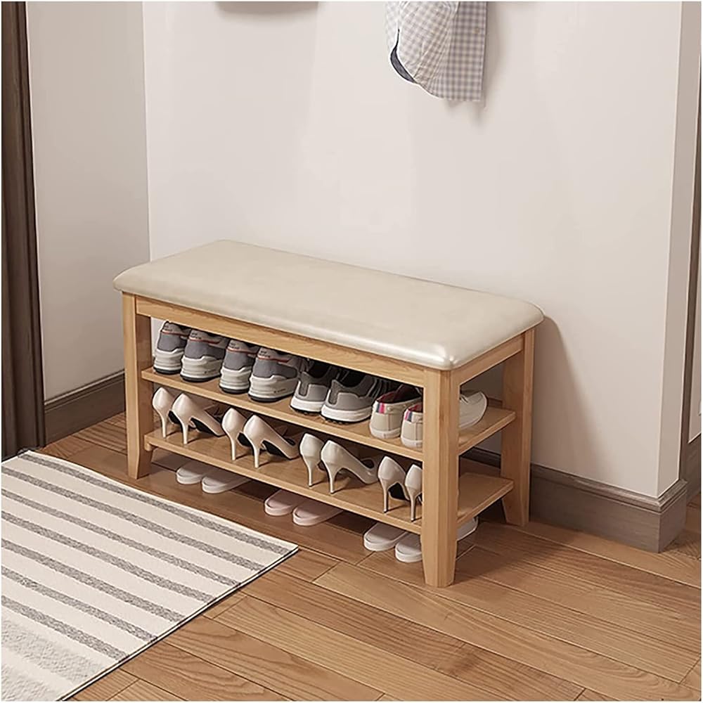 Shoe Storage Bench Entryway Hallway Furniture, Wooden Shoe Bench with 2 Tier Storage Adjustable Shelf Height Bench Shoe Cabinet with Soft Cushion for Entryway Bedroom(Natural Color,80*30*42 cm)