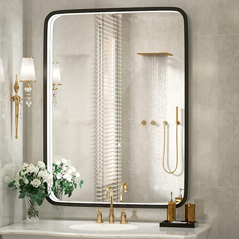 36x28 Inch LED Bathroom Mirror with Light,Black Metal Frame Lighted Vanity Mirror, Anti Fog Design&Dimmable&Touch Switch,Large Wall Mounted Makeup Mirror for Housewarming Gift