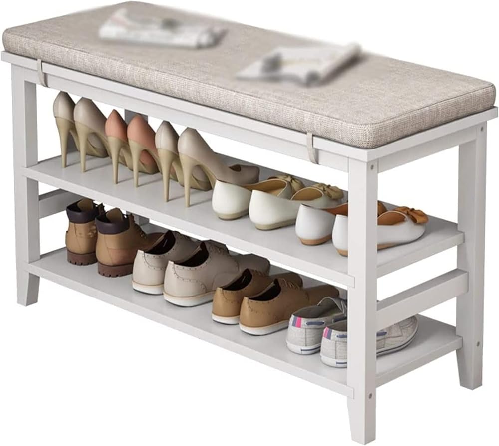 Shoe Storage Bench Entryway Hallway Furniture, Shoe Bench Rack Organizer The Solid Wood Shoe Changing Stool is Simple and Geometric, Shoe Cabinet with Soft Cushion(60 * 30 * 49cm)