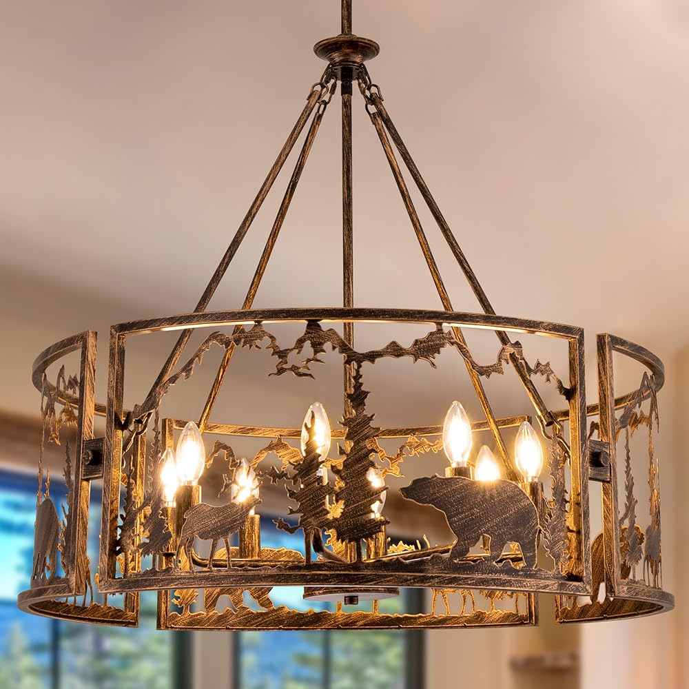 8 Lights Farmhouse Chandelier for Dining Room, Rustic Chandelier with Forest Bear Elk Western Drum Chandelier Light Fixture for Living Room, Bedroom, Foyer, Bronze, 33