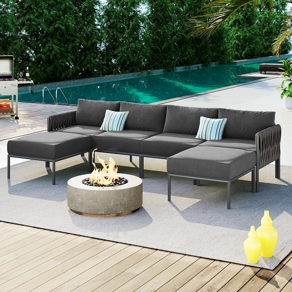 GO 6-Pieces Aluminum Patio Furniture Set, Modern Metal Outdoor Conversation Set Sectional Sofa with Removable Olefin Extra Thick Cushions 5.9