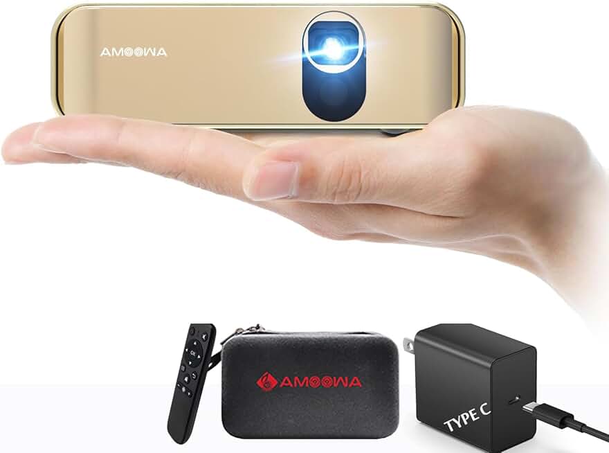 AMOOWA Mini Projector with WIFI and Bluetooth for iphone , 200ANSI DLP Mini Pocket Pico Projector - Built in Rechargeable Battery & Speaker, 1080P Support Portable Wireless LED DLP Movie & Video Gold