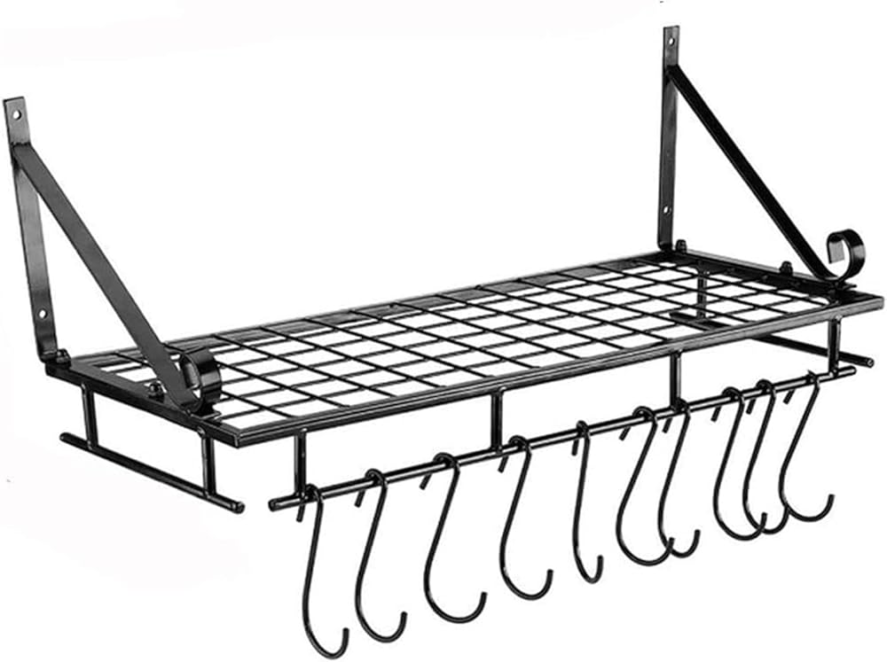 Wall Hanging Pan Pot Rack Wall Shelf with Towel Bar, Kitchen Bathroom Utensils Organizer, Hanging Shelving with Removable Hooks