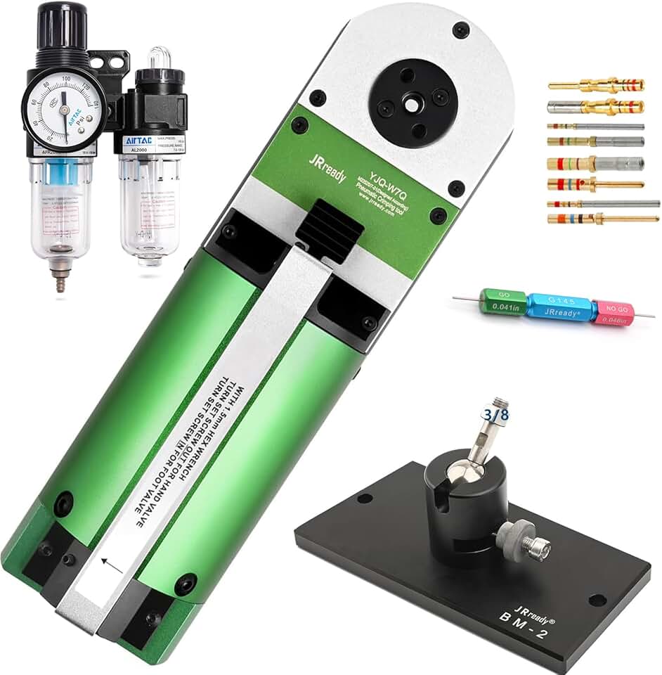 JRready Pneumatic Crimp Kit,W7Q Air Power Four-Indent Crimp Tool for MIL Solid Contacts 16-28AWG+Adjustable Bench Mount+Air Filter Regulator +Pneumatic Foot Valve+ Go-no-go Gauge