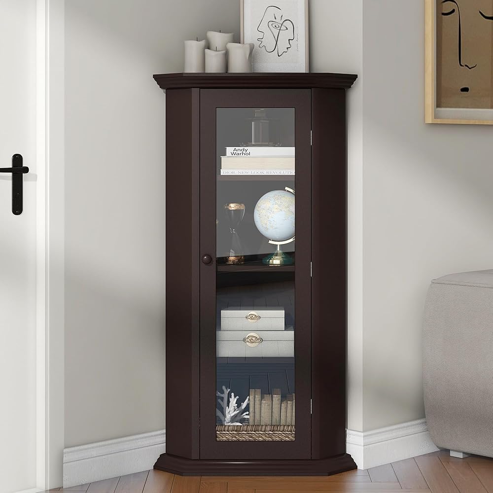 Merax, Black Brown Corner Cabinet Bathroom Floor Storage Organizer with Shelves and Glass Door for Kitchen, Living Room