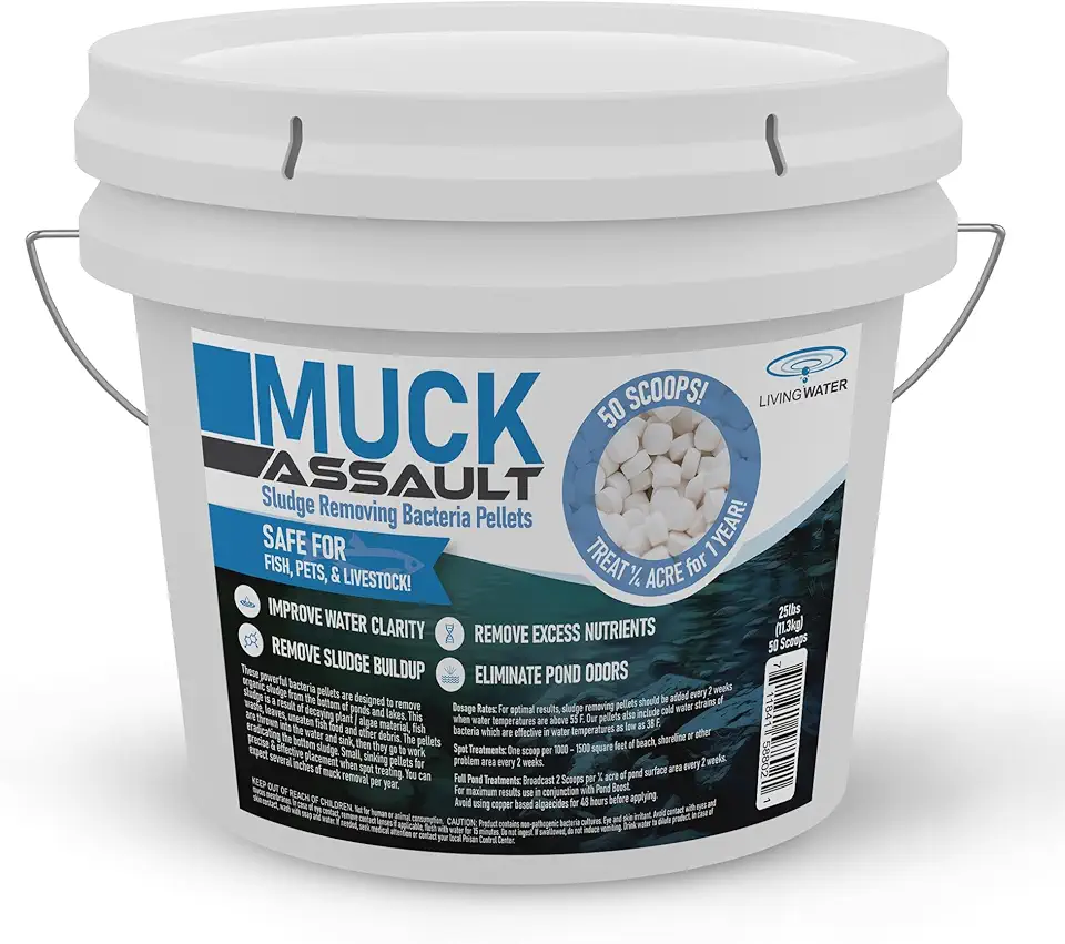Muck Assault Pond Sludge Remover Pellets - Natural Pond Muck Digester with Beneficial Bacteria Enzymes to Clear Murky Water and Remove Pond Odor - Safe for Aquatic Life & Recreation (25 lbs.)