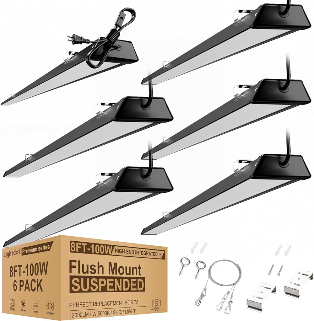 Compact Black 8FT LED Shop Light, 100W[Eqv. to 400W HPS/WH] LED Shop Light 8FT with 5FT Cord Switch Surface/Suspension Mount Commercial Lighting for Workshop Energy-Saving up to 3650W/5Y(5hrs/Day) 6P