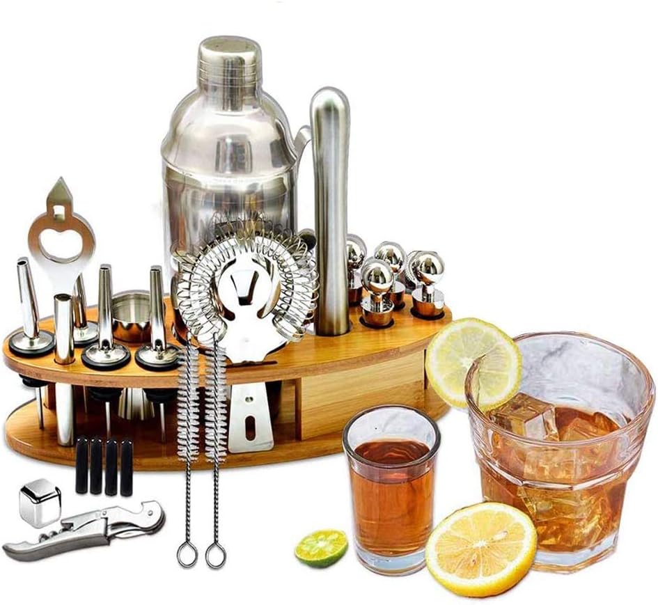 DFHBFG Cocktail Shaker Bar Set Cocktail Making Kit with Wooden Shelf Stainless Steel Bartender Tools Bar Mixer Maker Barware