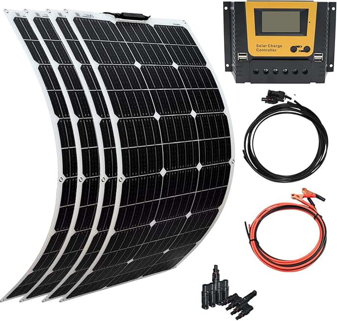 XINPUGUANG Solar Panel 4pcs 100W 12V 400W Flexible Solar Kits Battery Charger Monocrystalline 40A Charge Controller PV Connector Cable for Car RV Boat Cabin Trailer