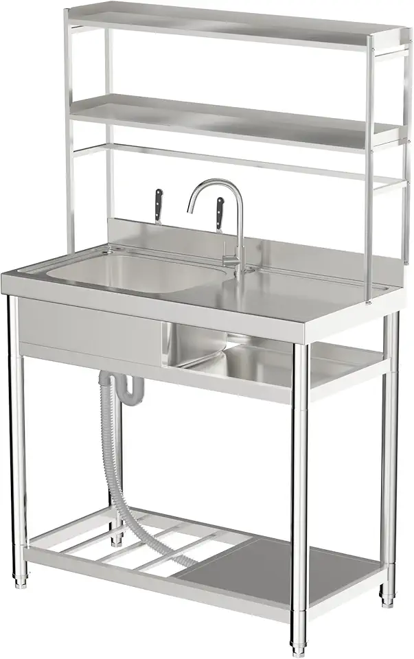 ROOMTEC 304 Stainless Steel Utility Sink Set, Single Bowl Commercial Sink with Drainboard and Hanging Tools for Kitchen, Garage, Laundry Room (Left bowl)