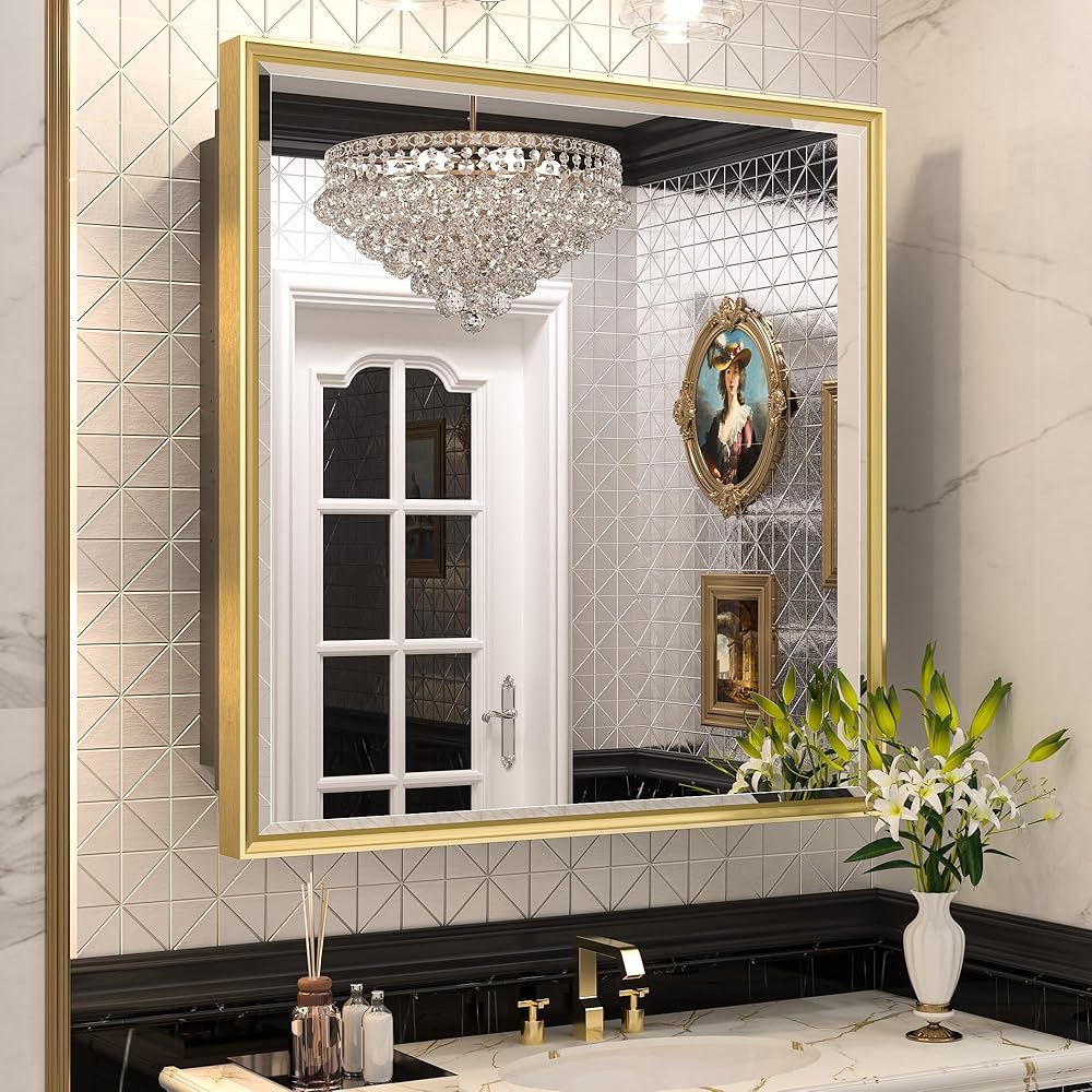 Keonjinn 30” x 32” Gold Bathroom Medicine Cabinets with Mirror, Recessed or Surface Wall-Mounted, 2 Adjustable Shelves, Aluminum Alloy Framed Beveled Mirror, Single Door Bathroom Mirror with Storage