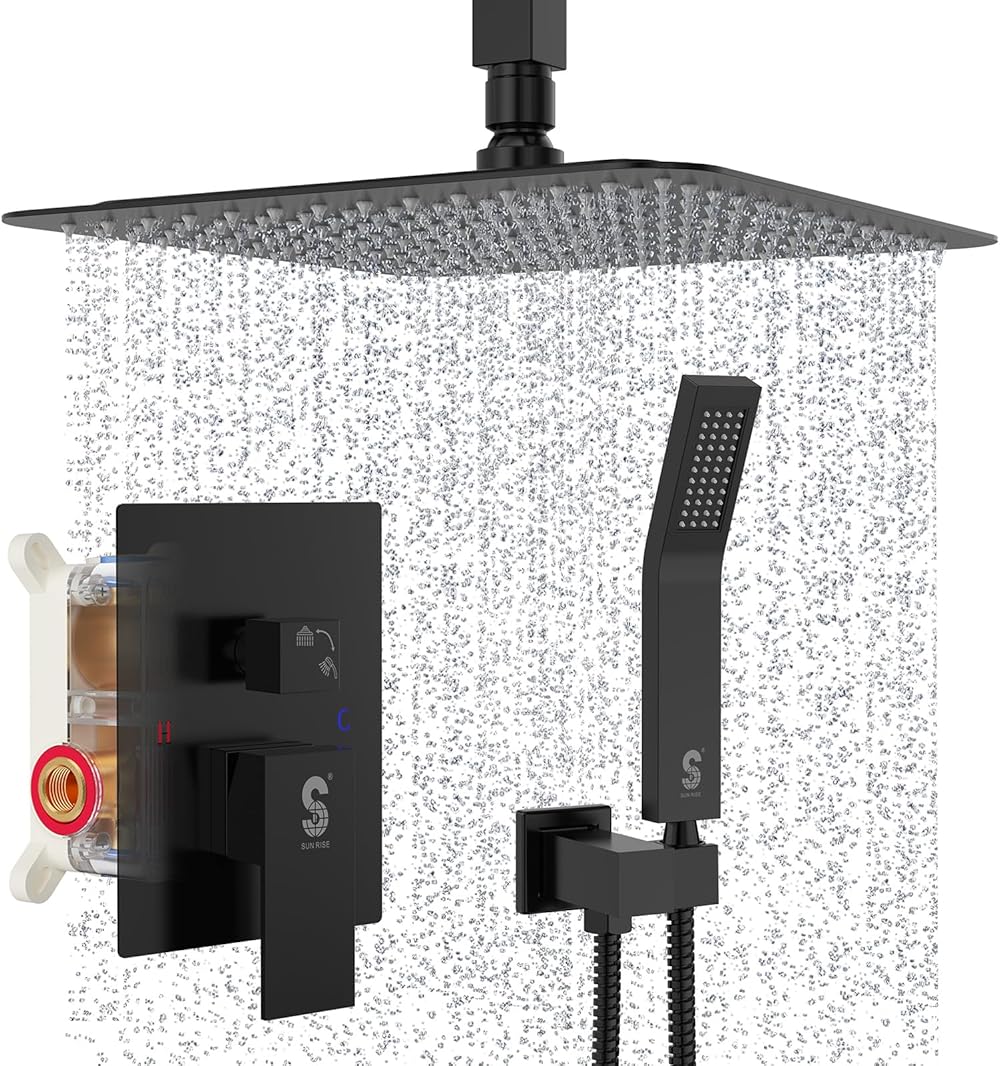 SR SUN RISE 10 Inch Ceiling Mounted Shower System Rain Mixer Shower Combo Set Rainfall Shower Head System Matte Black Shower Faucet Rough-in Valve Body and Trim Included