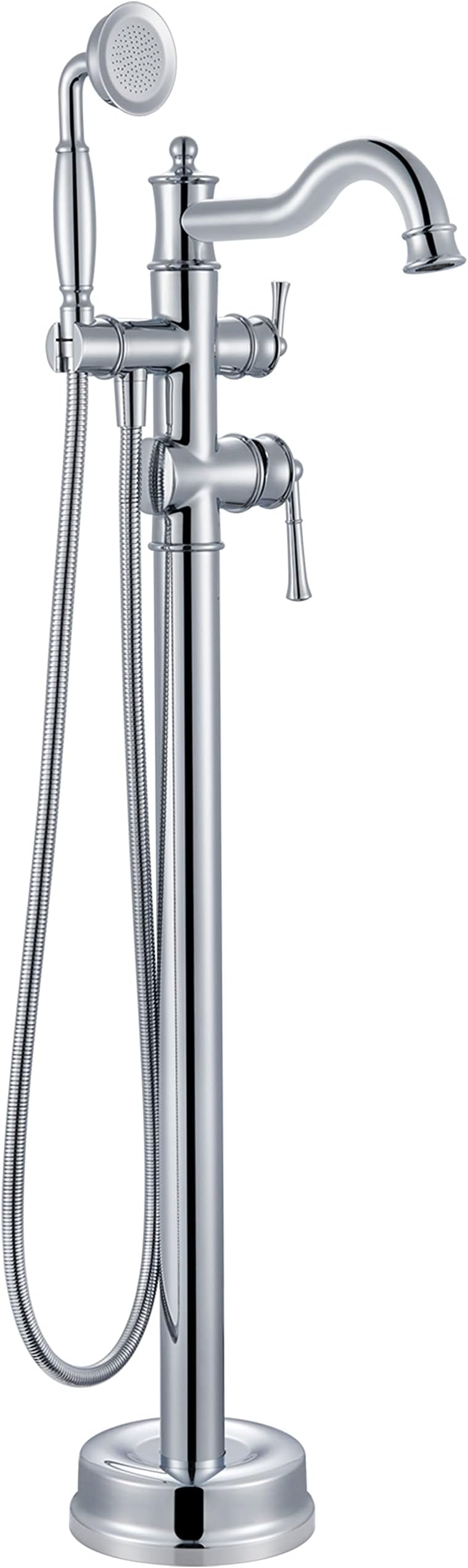 Freestanding Floor Mount Tub Filler with Handheld Shower Roman Bathtub Faucet by Chrome Finish, Swivel Spout with Brass Rough-in and Water Hose