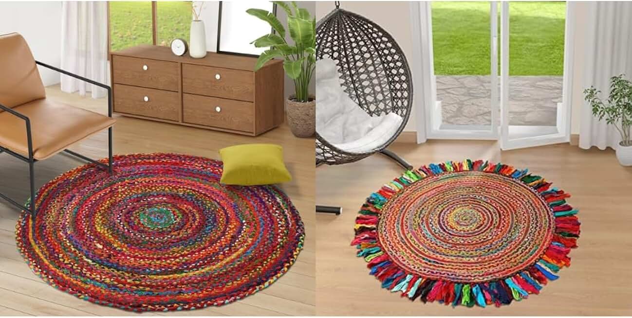 GRUHUM Jute Area Rug 10' ft Round Cotton Area Rug Natural Fiber Collection Handmade Boho Multicolour Soft Braided Rustic Vintage for Indoor Outdoor Kitchen Bedroom Livingroom Hallways Enterway