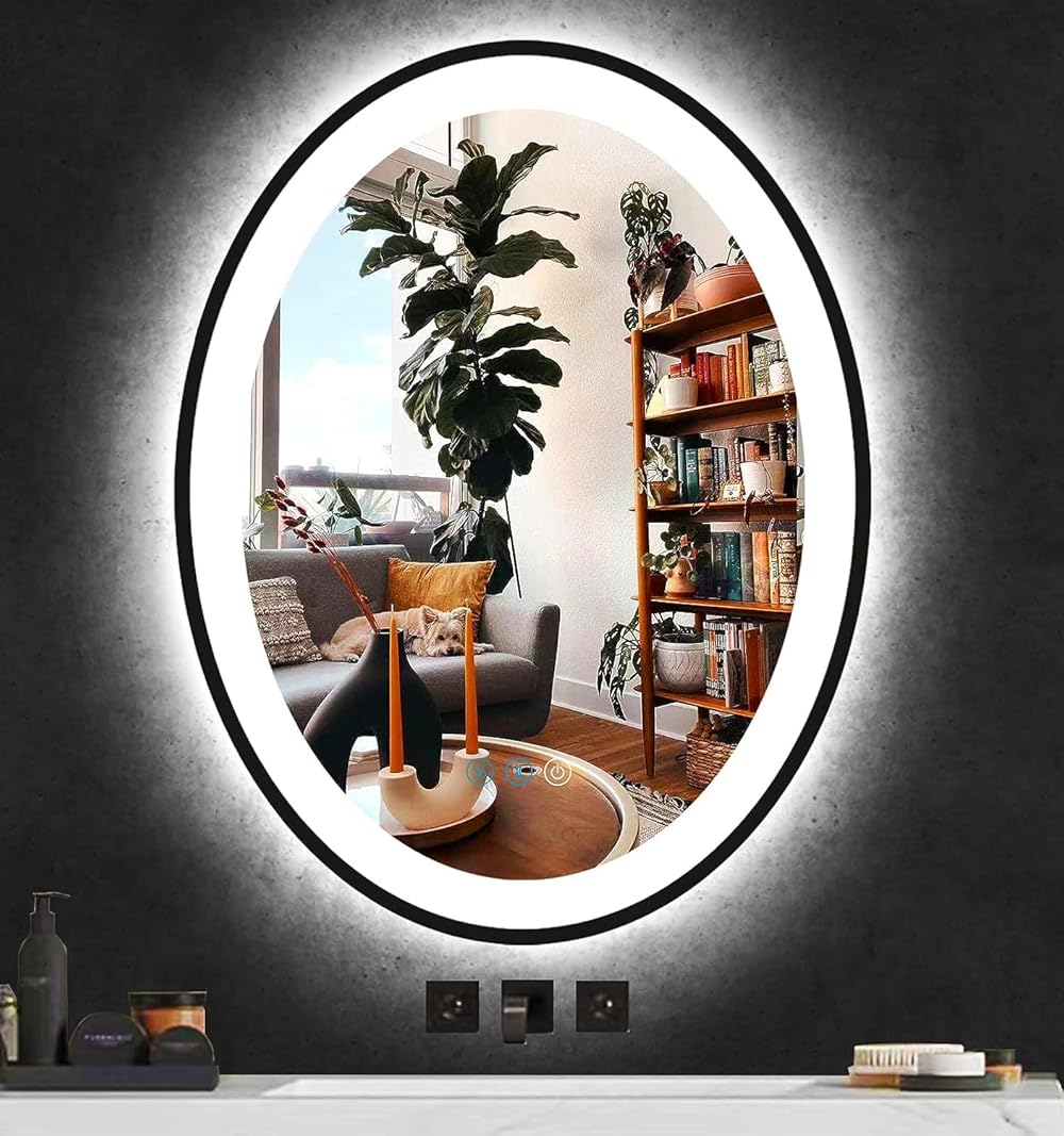THEKLA 20 x 30 inch Black Oval LED Mirror for Bathroom Wall Oval Lighted Vanity Mirror with Lights Black Frame Anti-Fog Dimmable 3 Color Front Lights Oval Smart Mirror 30