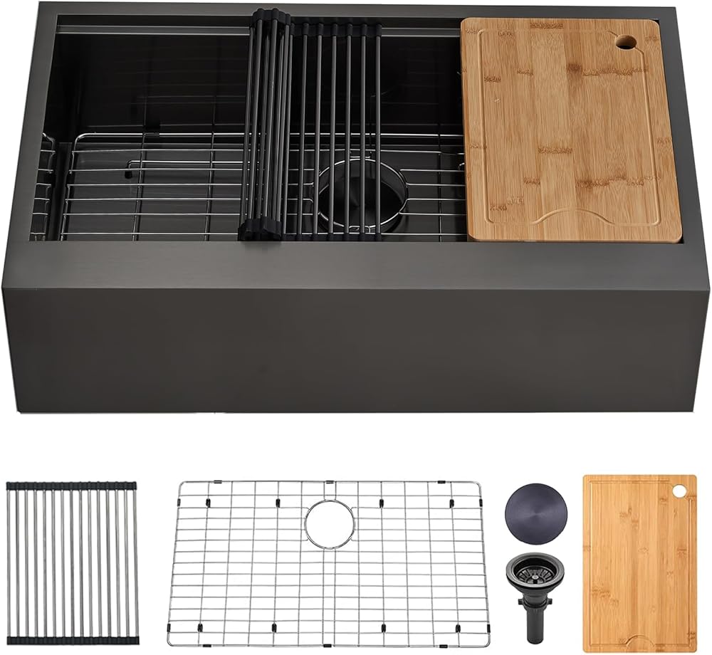 SHACO 33x20 Inch Black Undermount Farmhouse Sink, 33 Inch Gunmetal Black Stainless Steel Farmhouse Kitchen Sink Single Bowl Flat Apron Front Farm Sink Workstation Sink with Cutting Board