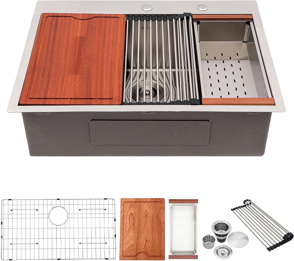 33 Drop in Kitchen Sink, Lofeyo 33x22 Inch Kitchen Sink Workstation Topmount Drop In Stainless Steel 16 Gauge Round Corner Single Bowl Topmount Kitchen Sink Basin and Accessories