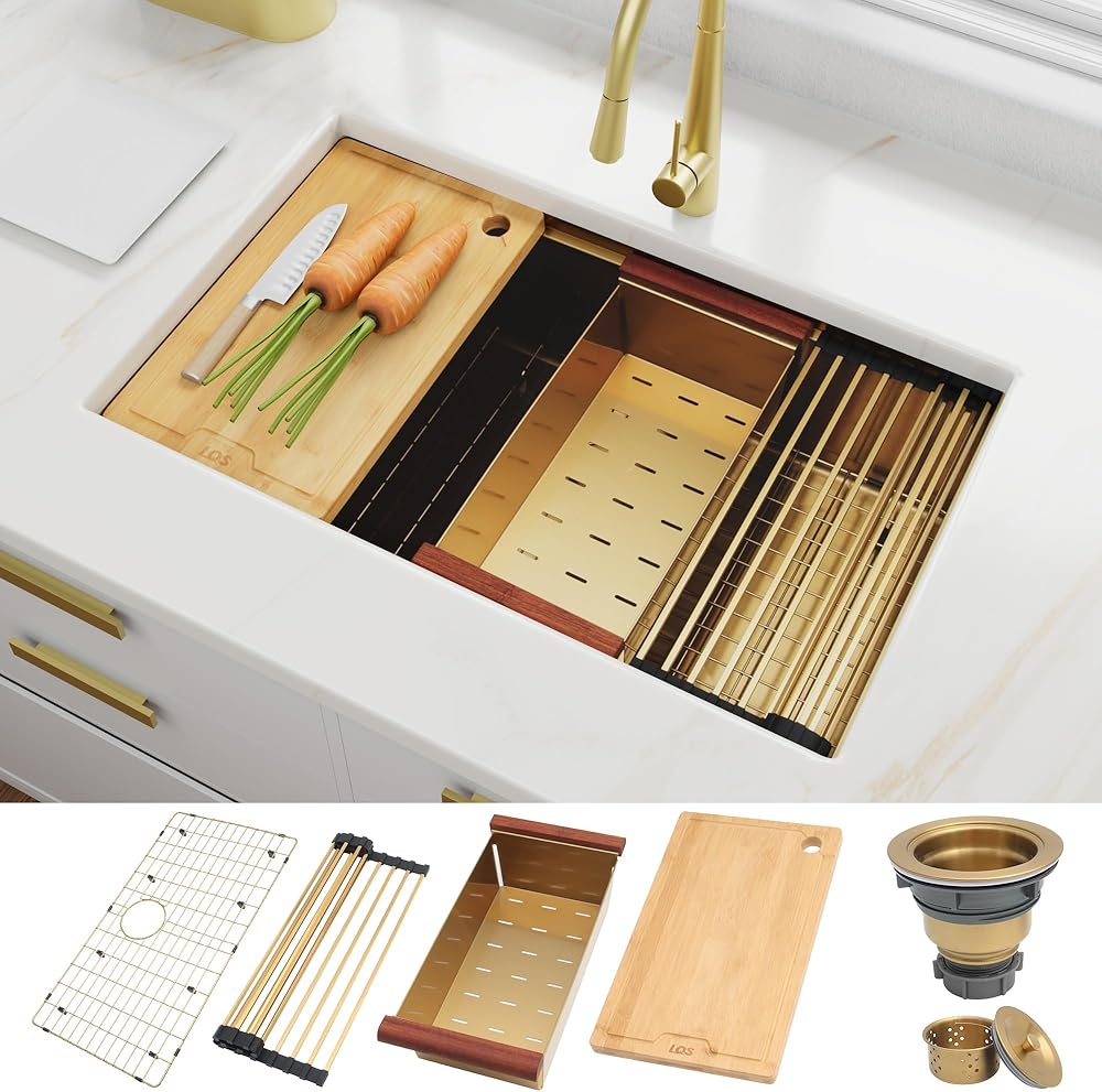 32 Inch Undermount Kitchen Sink, Gold Kitchen Sink, 32” x 19” Workstation Kitchen Sink Undermount, 16 Gauge Stainless Steel Kitchen Sink, Handmade Deep Single Bowl Kitchen Sink with Accessories