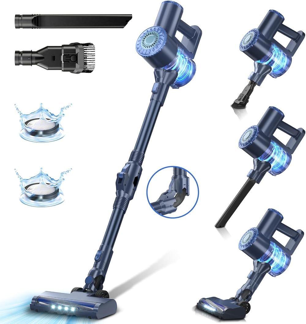 Cordless Vacuum Cleaner, 6 in 1 Lightweight Stick Vacuum Self-Standing with Powerful Suction, 180° Bendable Wand Rechargeable Cordless Vacuum for Hardwood Floor (Blue)