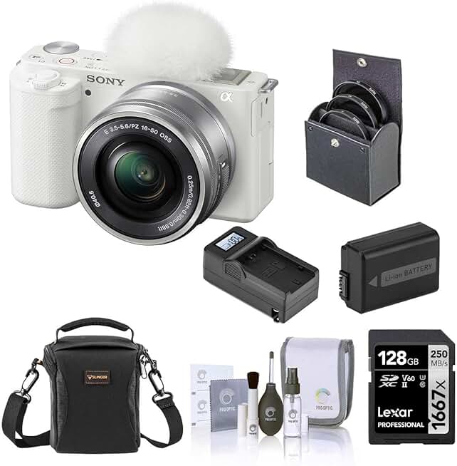 Sony ZV-E10 Mirrorless Vlog Camera with 16-50mm Lens, White - Bundle with 128GB SD Card, Shoulder Bag, Extra Battery, Charger, 40.5mm Filter Kit, Cleaning Kit