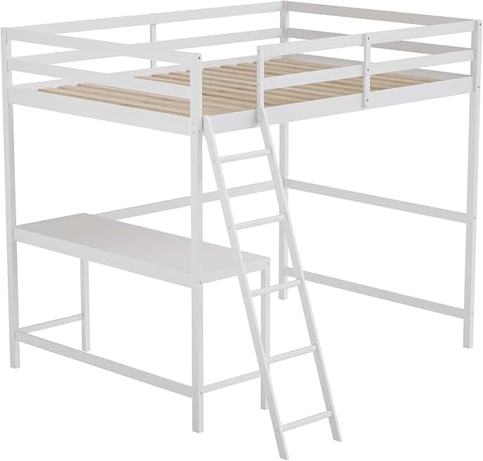 Riley Loft Bed Frame with Desk - White Wood Slats - Full Size - Protective Guard Rails & Ladder - Kids and Teens - Space Saving Design