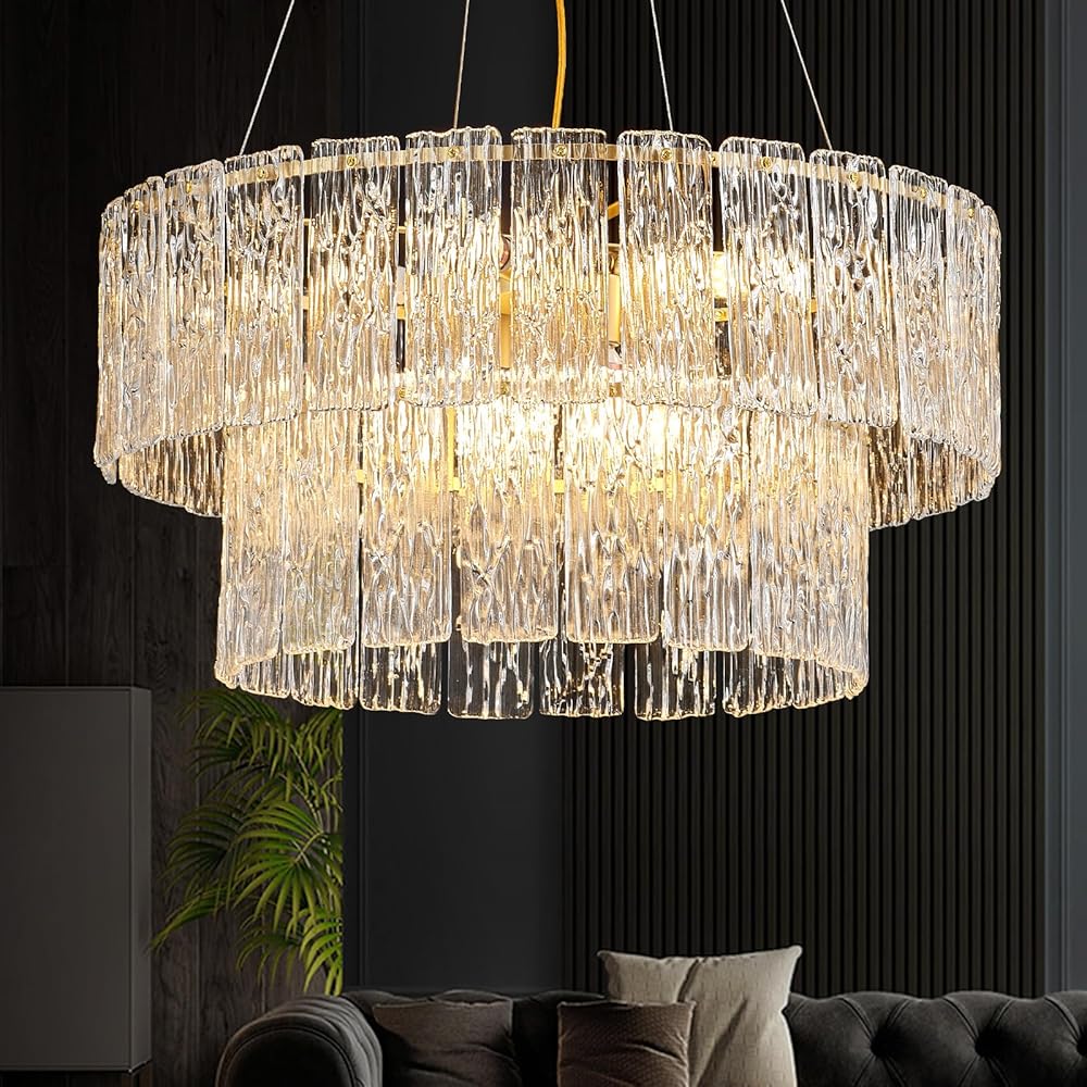 Gold Chandelier Living Room 24in Crystal Modern Elegant Lighting Large Glass Chandelier Luxury 2-Tier Round Giant Chandeliers Dining Room Bedroom Restauroom Home Office 8-Light