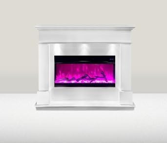 FIREPLACE W/ 7 Color Changing Led Bluetooth Speaker. Adjustable LED Flamer,Thermostat,Hidden Control Panel,Remote Control (WHITE)