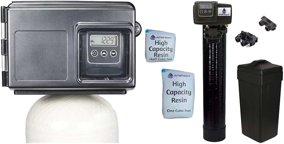 AFWFilters AFW Air Injection Iron, Sulfur, and Manganese Removal Oxidizing Water Filter, Almond Or Black & Built Fleck 48,000 Water Softener System with 5600sxt Digital metered Valve