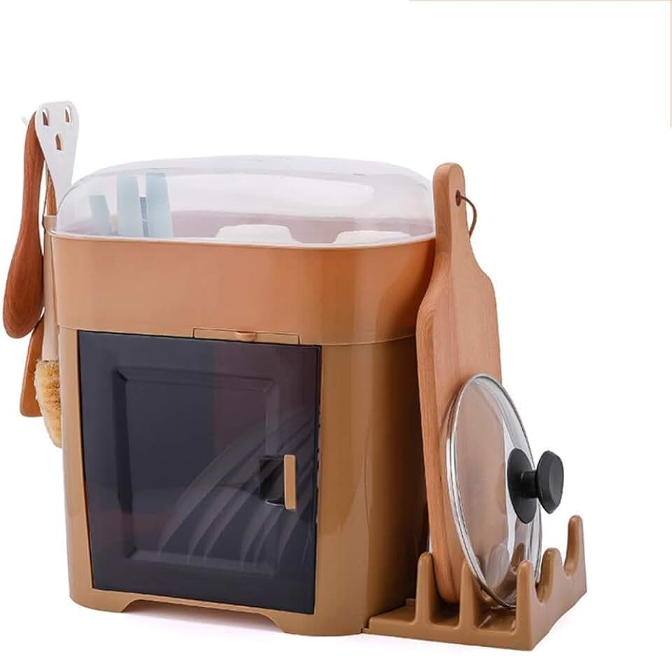 GYLXW Covered Kitchen Dish Drying Rack Plastic Dustproof Drain Storage Box Basket Cutlery Holder Utensil Organizer with Lid(C)