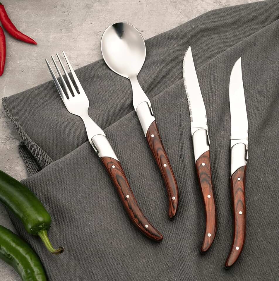 Wood Silverware Set for 10,Stainless Steel Color Handle Flatware,Retro Cutlery 40-Piece Forks Spoons Knifes Dinnerware Set for Daily Home Kitchen Party Vintage Utensils,Wooden Handle