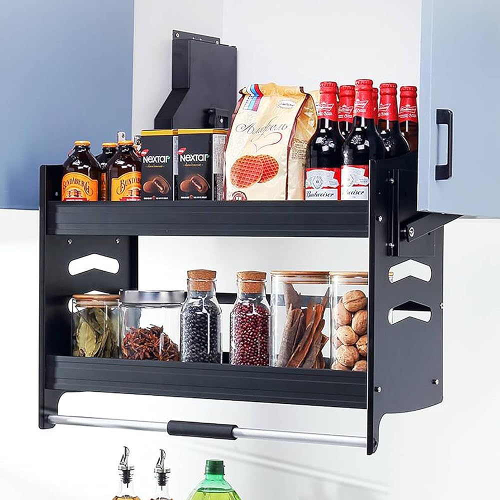 Deep Kitchen Top Shelf Pull Down Cabinet Organizer, Wall Mounted Dish and Spice Rack System Suitable for Upper Cabinet, Convenient Sliding Under Shelf (Size : 34