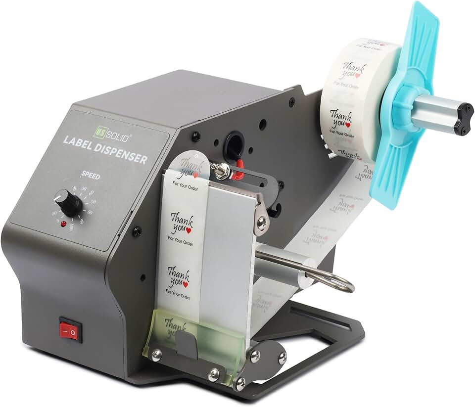U.S. Solid Automatic Label Dispenser for Long Label Rolls and Fanfold Label - Clear and Opaque Labels - Core Sizes 1”/1.5”/3”- Adjustable Speed Label Width 0.2-4.7 in Max. Roll Diameter 11 in