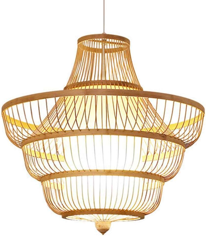 Coastal Style Light Bamboo Cage Lamp Shade Rustic Wicker Hand-Woven Faux Parchment Chandelier Boho Lighting Fixture - Natural Dome Lamp Shade for Dining Room Living Room Farmhouse