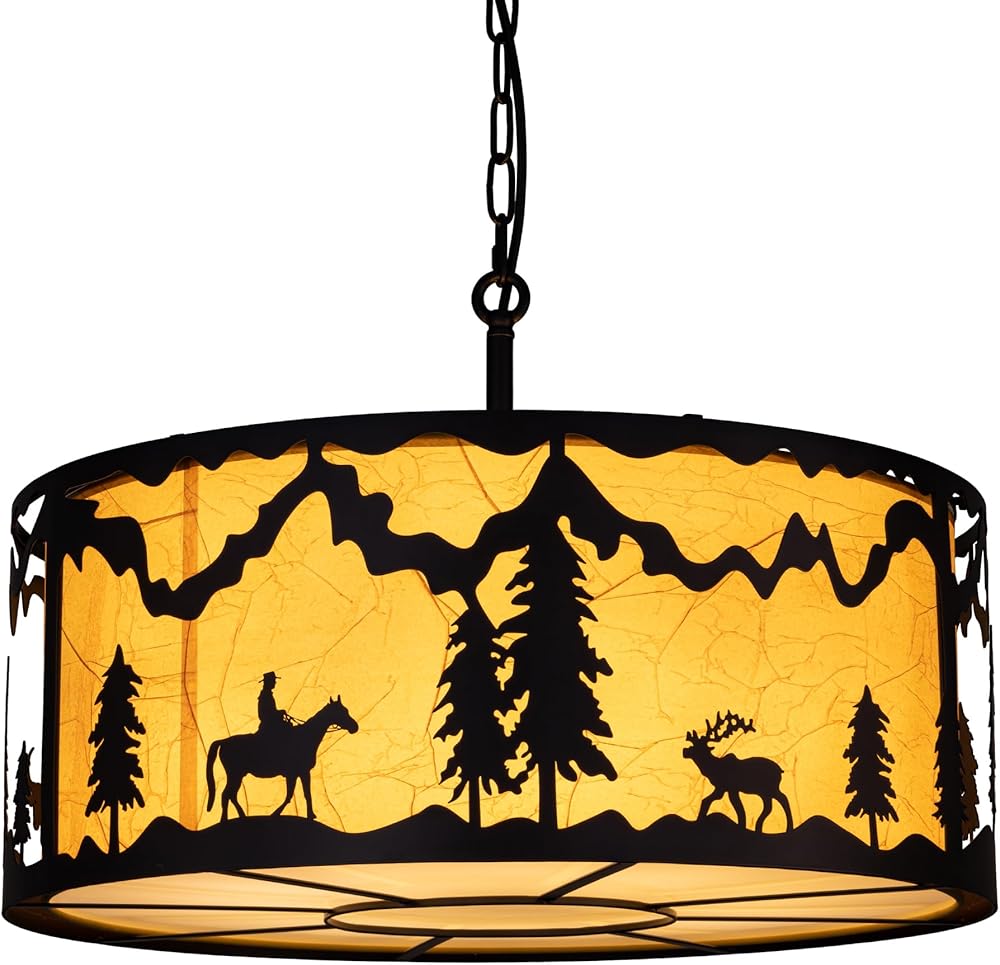 8-Light Farmhouse Chandelier for Dining Room, Rustic Drum Chandelier in Matte Black Metal, Western Light Fixture for Living Room, Dining Room, Bedroom, Foyer