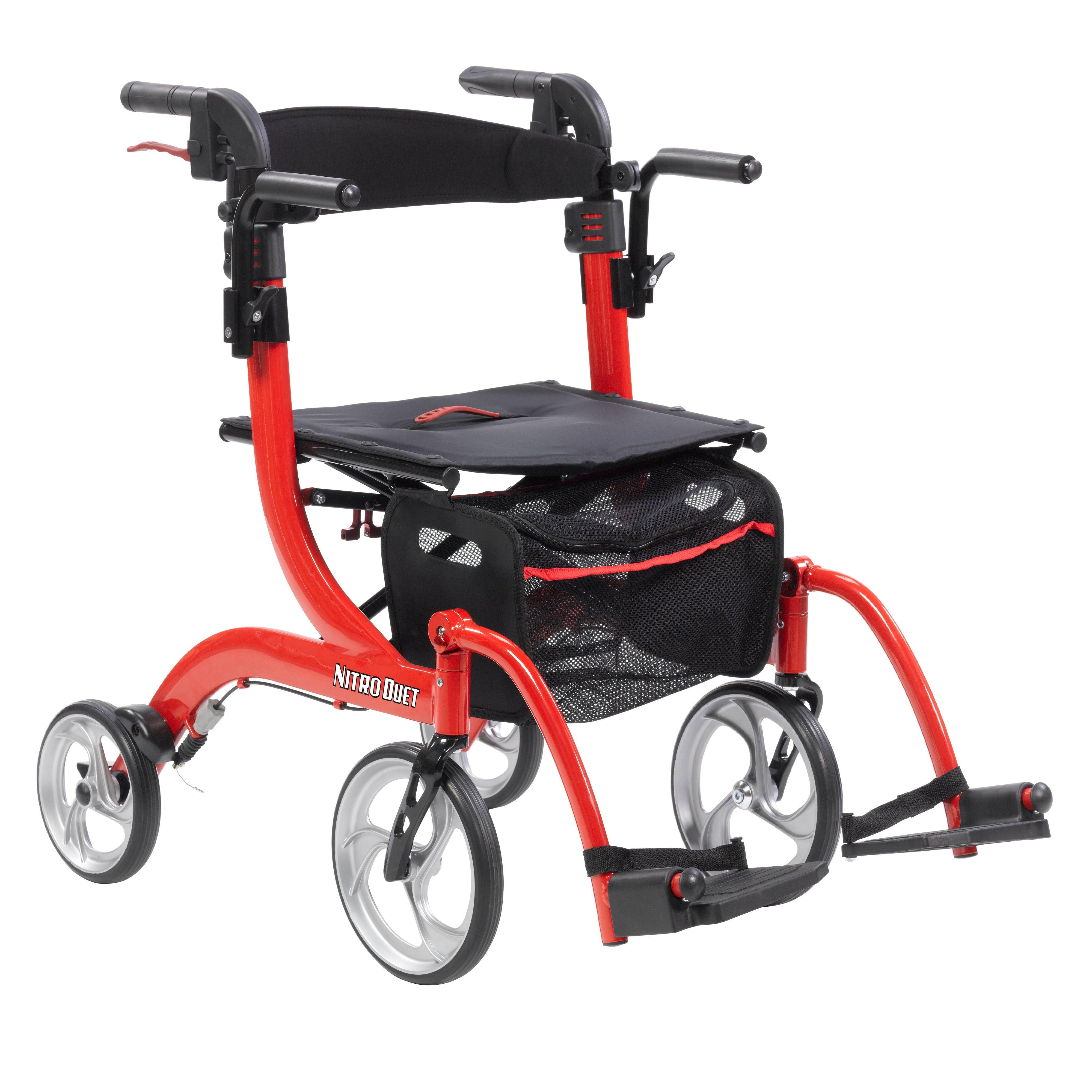 Drive Medical Nitro Duet Dual Function Transport Wheelchair and Rollator Rolling Walker - Red
