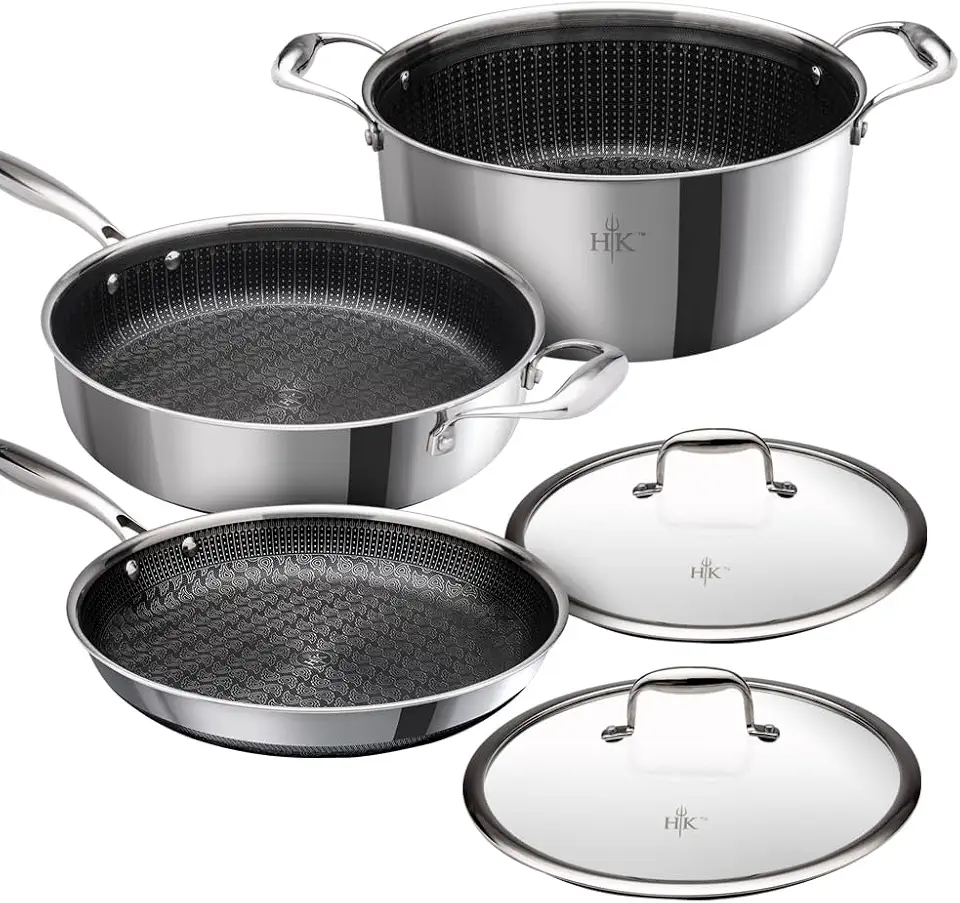 Hell's Kitchen Hybrid 5 Pc Cookware Set, Tri-Clad Stainless Steel and Nonstick Ceramic PFAS Free, no PFOA, PTFE, or Teflon, Non Toxic Cookware, Metal Utensil Safe, All Cooktops, Oven Safe