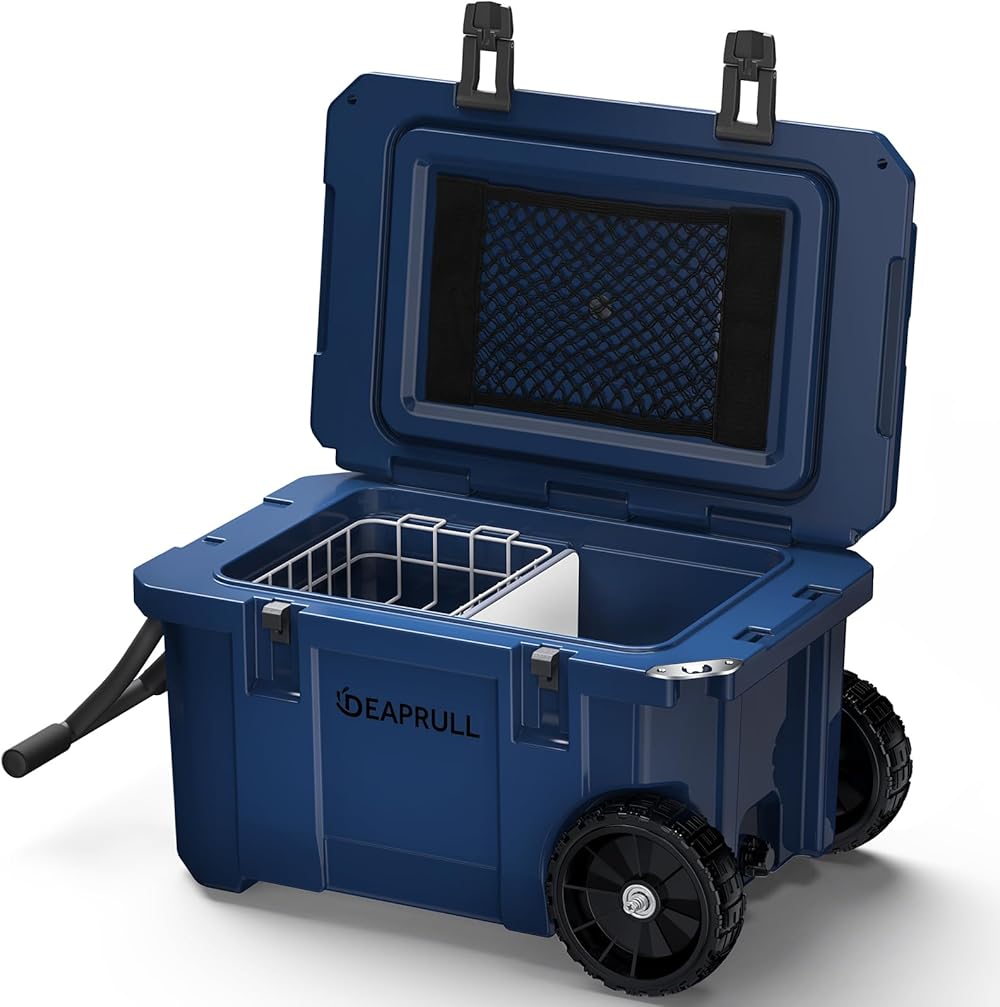 55 Quart Cooler with Wheels, Ice Chests Portable Camping Cooler Holds Ice up to 6 Days, Leak-Proof Outdoor Insulated Cooler with Handle, Cup Holders, Hard Cooler for Camping, Beach, Boat，Blue