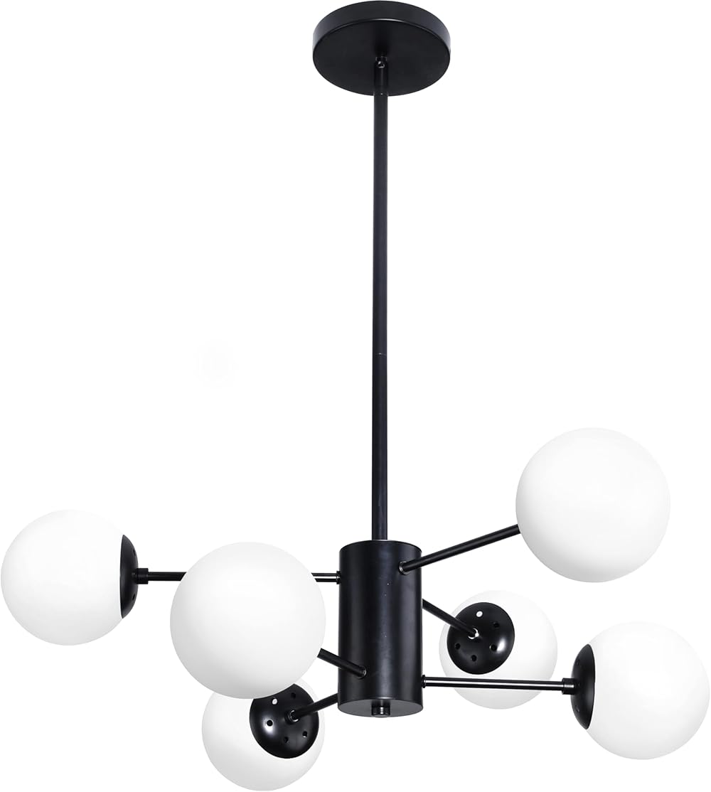 6-Light Globe Sputnik Chandelier Black Sputnik Chandeliers Modern Mid Century Globe Pendant Light Matte Black Finished with White Frosted Globe Glass Lampshade for Dining Room Bedroom Kitchen