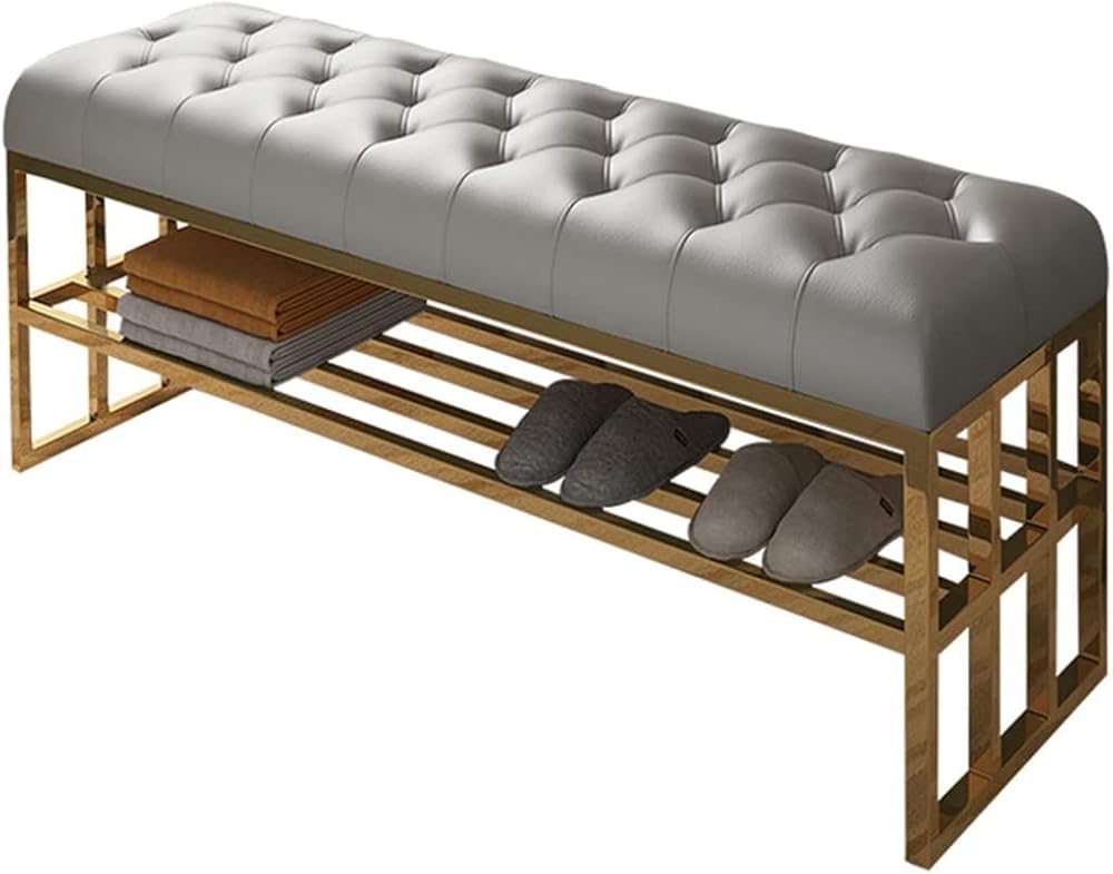 Shoe Storage Bench Entryway Hallway Furniture, Shoe Rack Bench, Luxury Entrance Stainless Steel Shoe Changing Stool, Leather Sofa and Stool, Modern Bedroom Bed End Stool Bench(Grey)