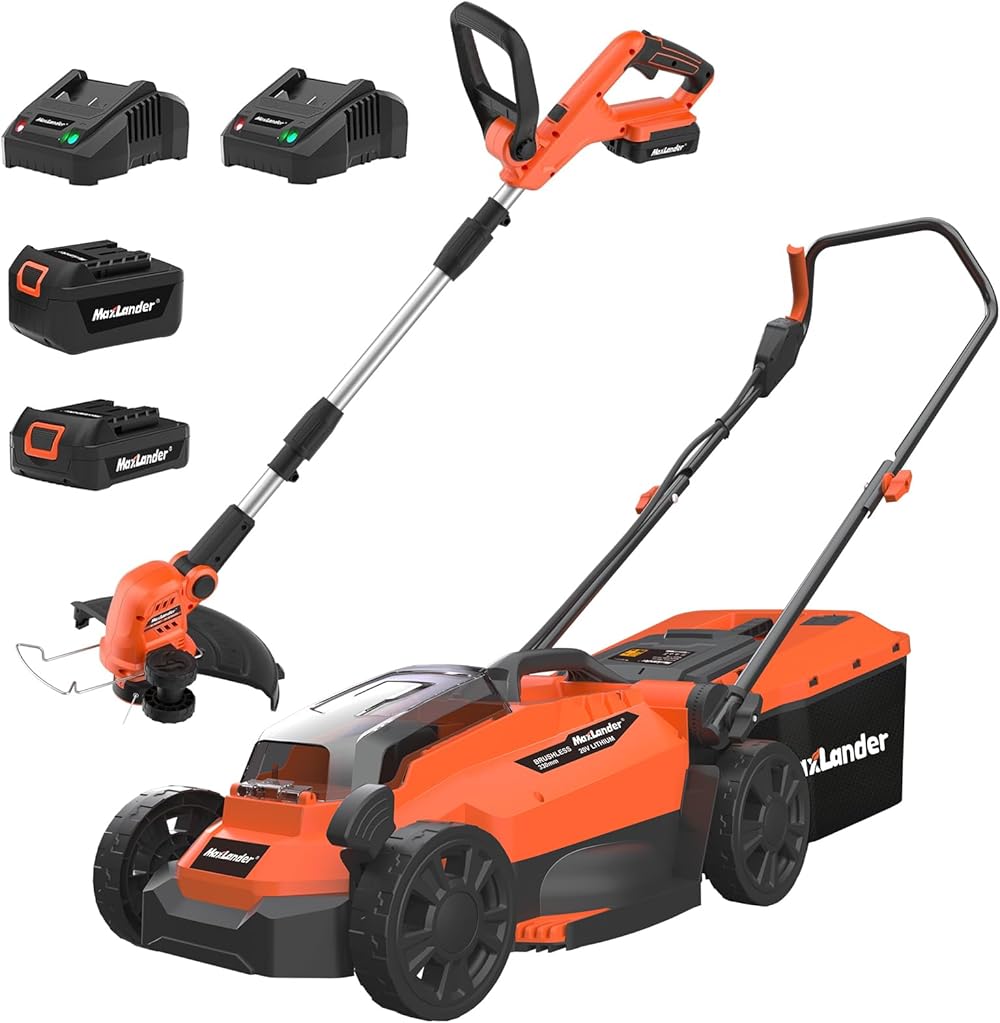 MAXLANDER 20V 13 Inch Electric Lawn Mower Cordless + 12Inch Weed Wacker Cordless