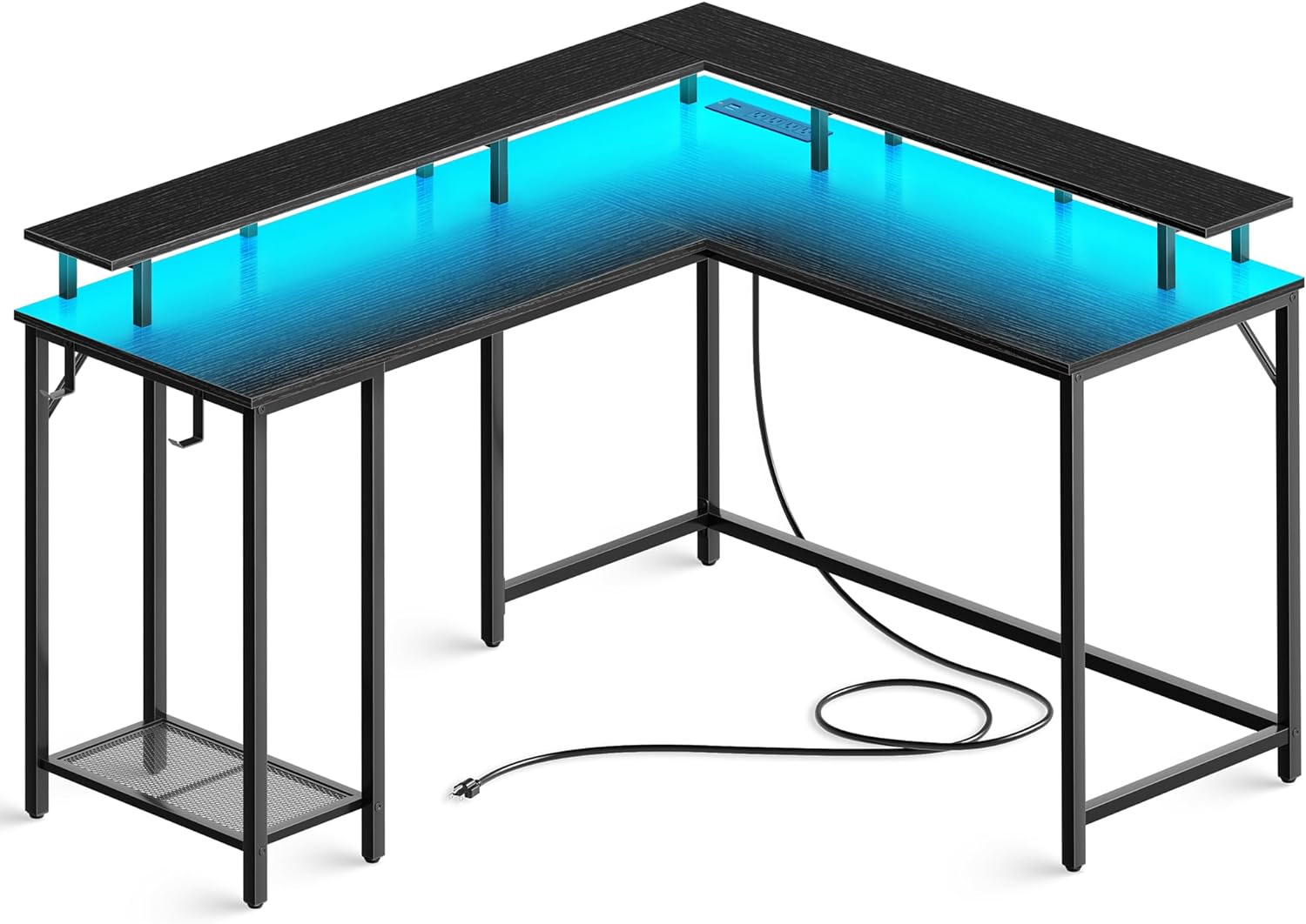 SUPERJARE L Shaped Gaming Desk with Power Outlets   LED Lights, Computer Desk, Black