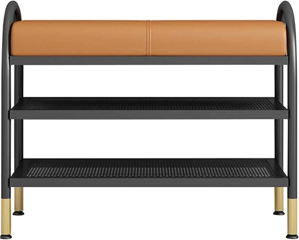 Shoe Storage Bench Entryway Hallway Furniture, Shoe Bench Rack with Storage Nordic Double-Layer Wrought Iron Frame, Household Shoe Changing Stool with Soft Cushion(Brown,60 * 32 * 47cm)